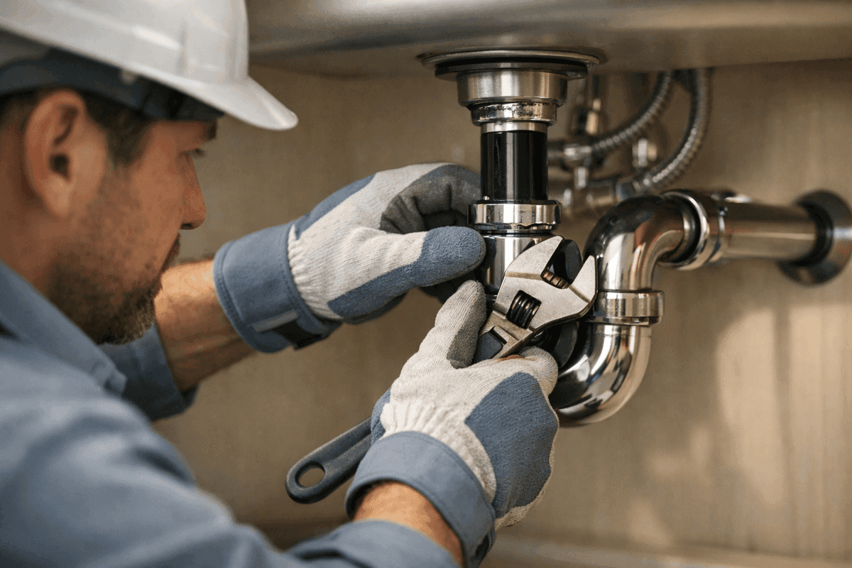 Close-up of plumber’s gloved hands tightening pipe fitting under a tidy kitchen sink